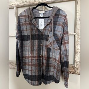The Nines Plaid Hooded Button-Front Shirt Jacket - Gray & Brown